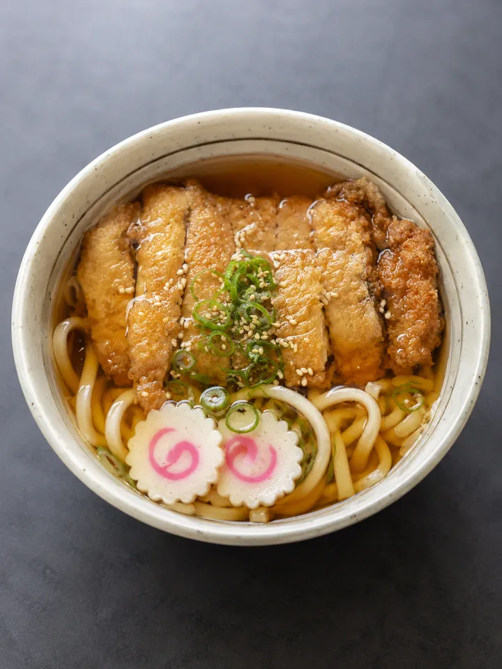 Chicken katsu udon with broth and noodles