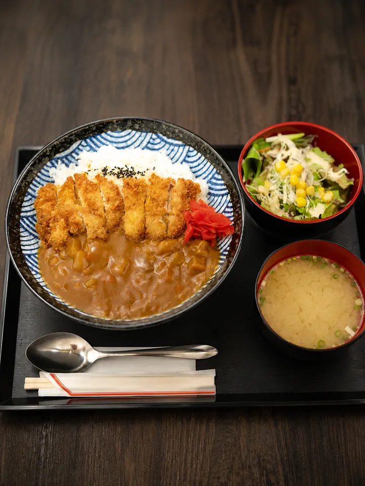 Japanese curry chicken set with rice, salad and miso soup