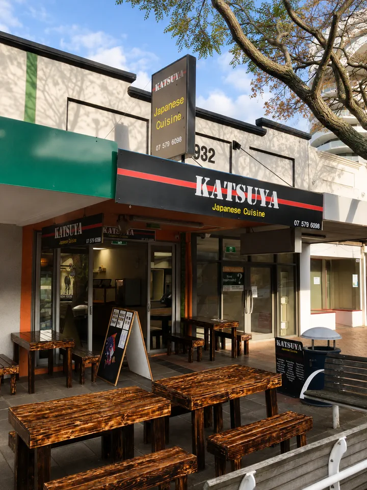 KATSUYA storefront, entrance and outdoor seating