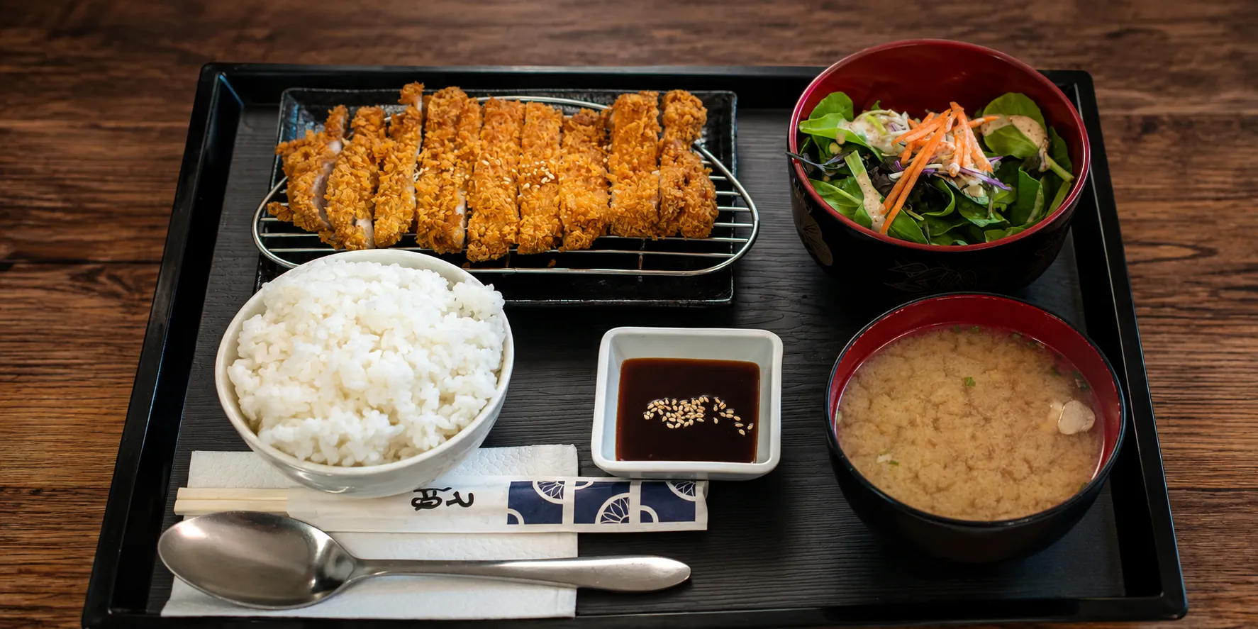 Chicken katsu set with rice, salad and miso soup at KATSUYA
