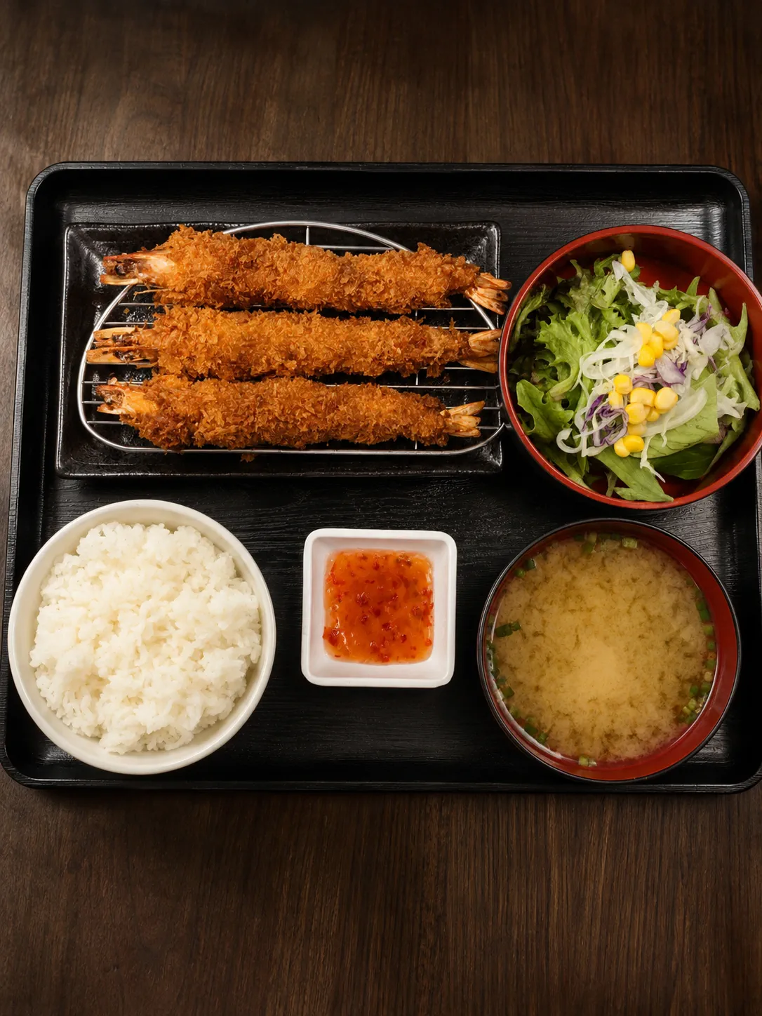 Ebi katsu set with rice, salad and miso soup